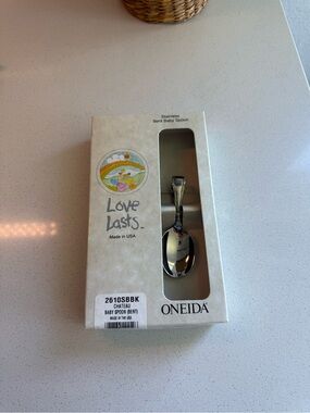 Vintage 1990 Oneida Silver Polished Bent Baby Spoon - Love Lasts Gift Box NWT